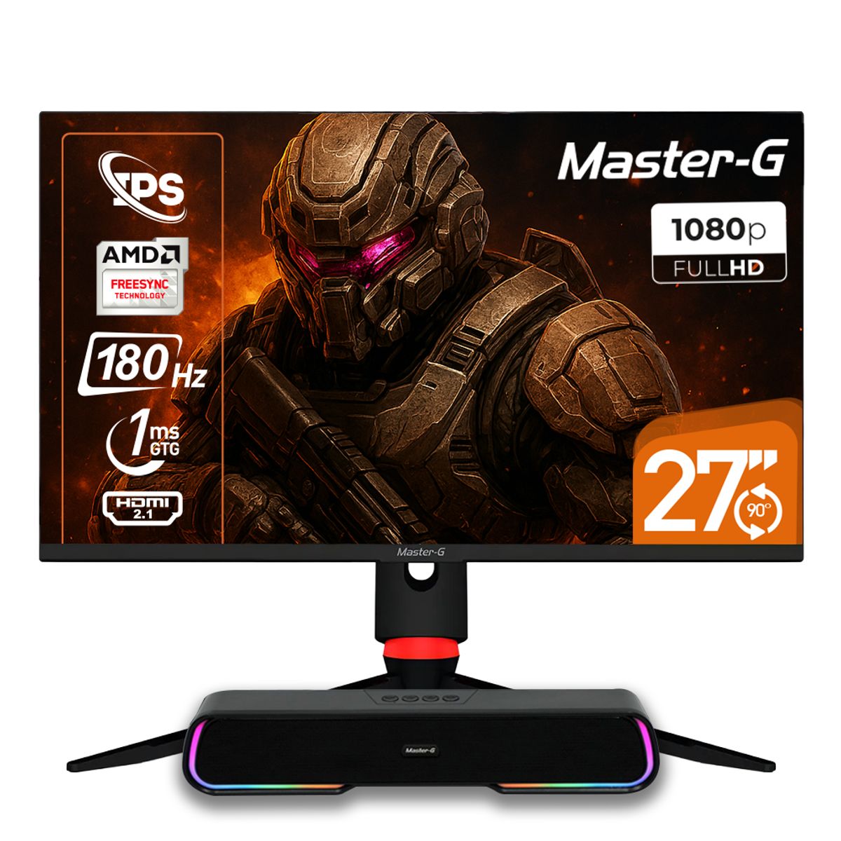 MASTER G - Pack Monitor Gamer 27" FHD IPS Pivote 90 grados 180Hz 1Ms + Soundbar Bluetooth
