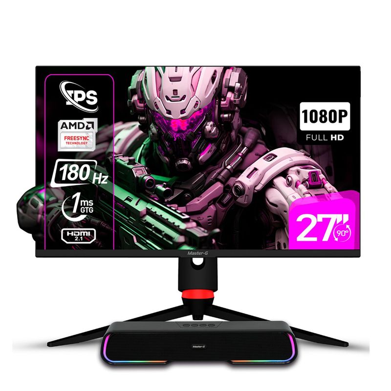 MASTER G - Pack Monitor Gamer 27" FHD IPS Pivote 90 grados 180Hz 1Ms + Soundbar Bluetooth