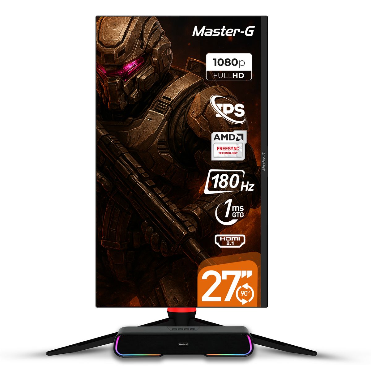 MASTER G - Pack Monitor Gamer 27" FHD IPS Pivote 90 grados 180Hz 1Ms + Soundbar Bluetooth