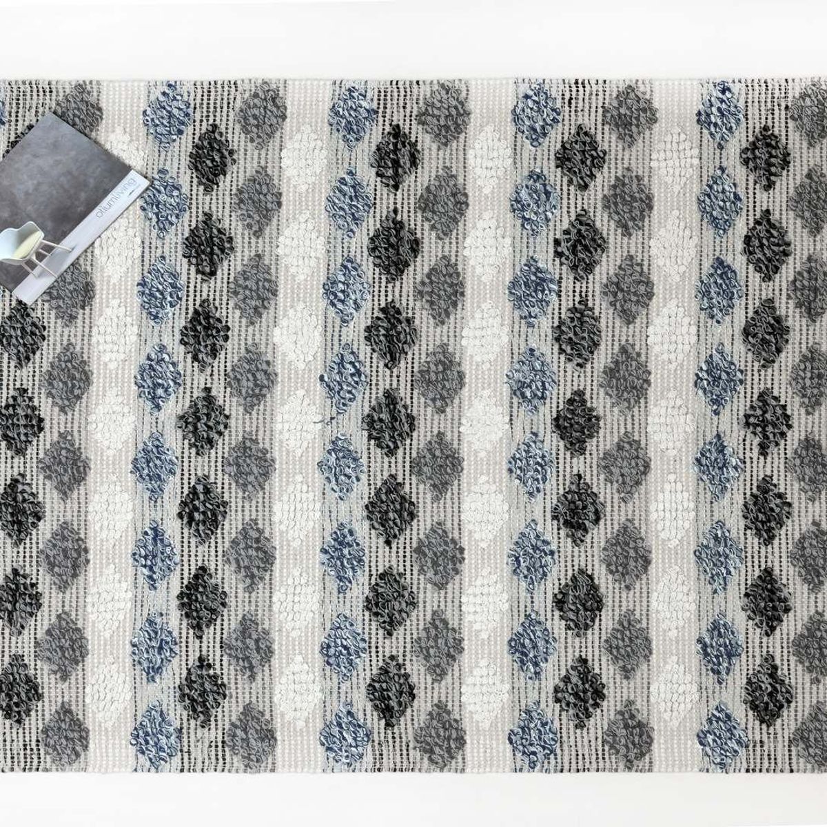 DECOGHAR - Alfombra Geométrica Azul con Flecos Artesanales 180 X 280 mts