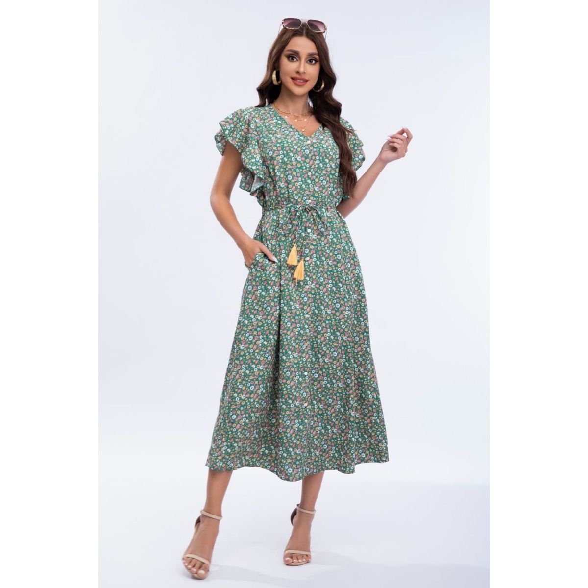 LIKE SHOP - Vestido Largo Primavera Mujer Manga Corta Cuello V Calidad 271
