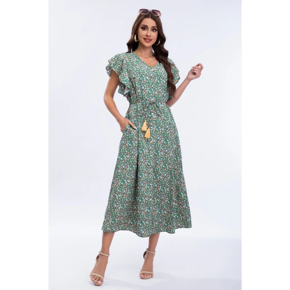 LIKE SHOP - Vestido Largo Primavera Mujer Manga Corta Cuello V Calidad 271