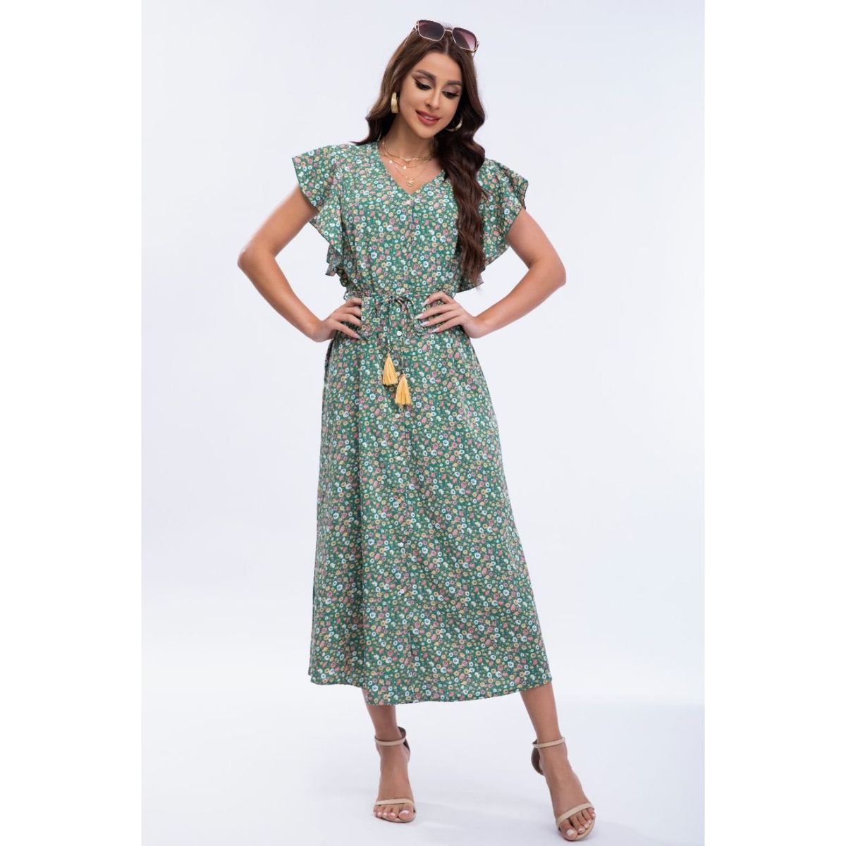 LIKE SHOP - Vestido Largo Primavera Mujer Manga Corta Cuello V Calidad 271