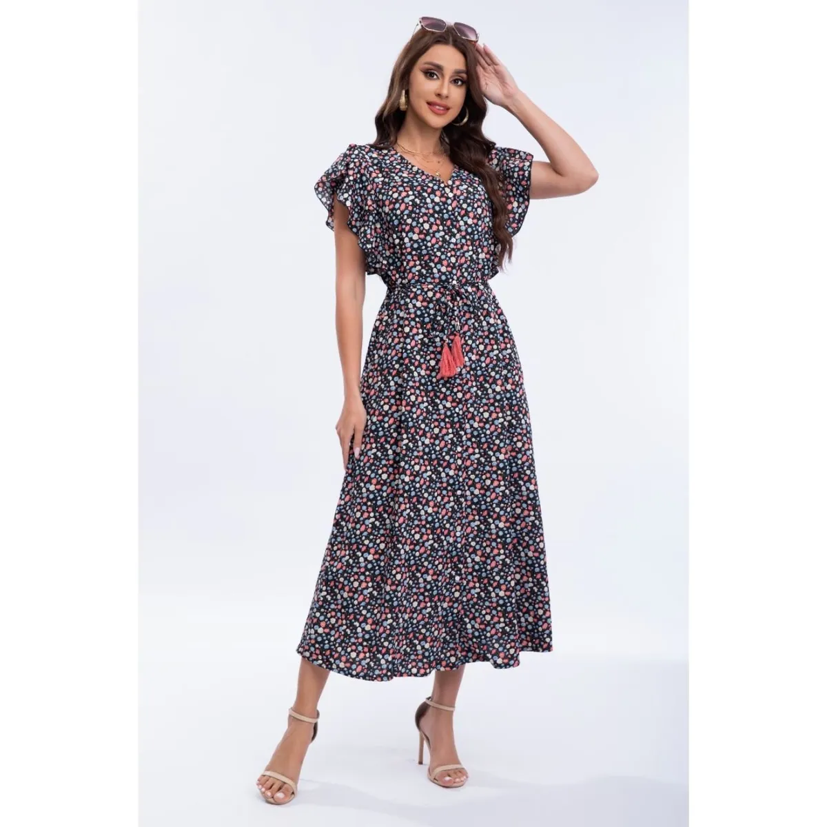 LIKE SHOP - Vestido Largo Primavera Mujer Manga Corta Cuello V Calidad 271