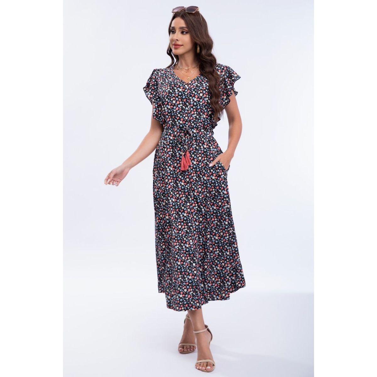 LIKE SHOP - Vestido Largo Primavera Mujer Manga Corta Cuello V Calidad 271