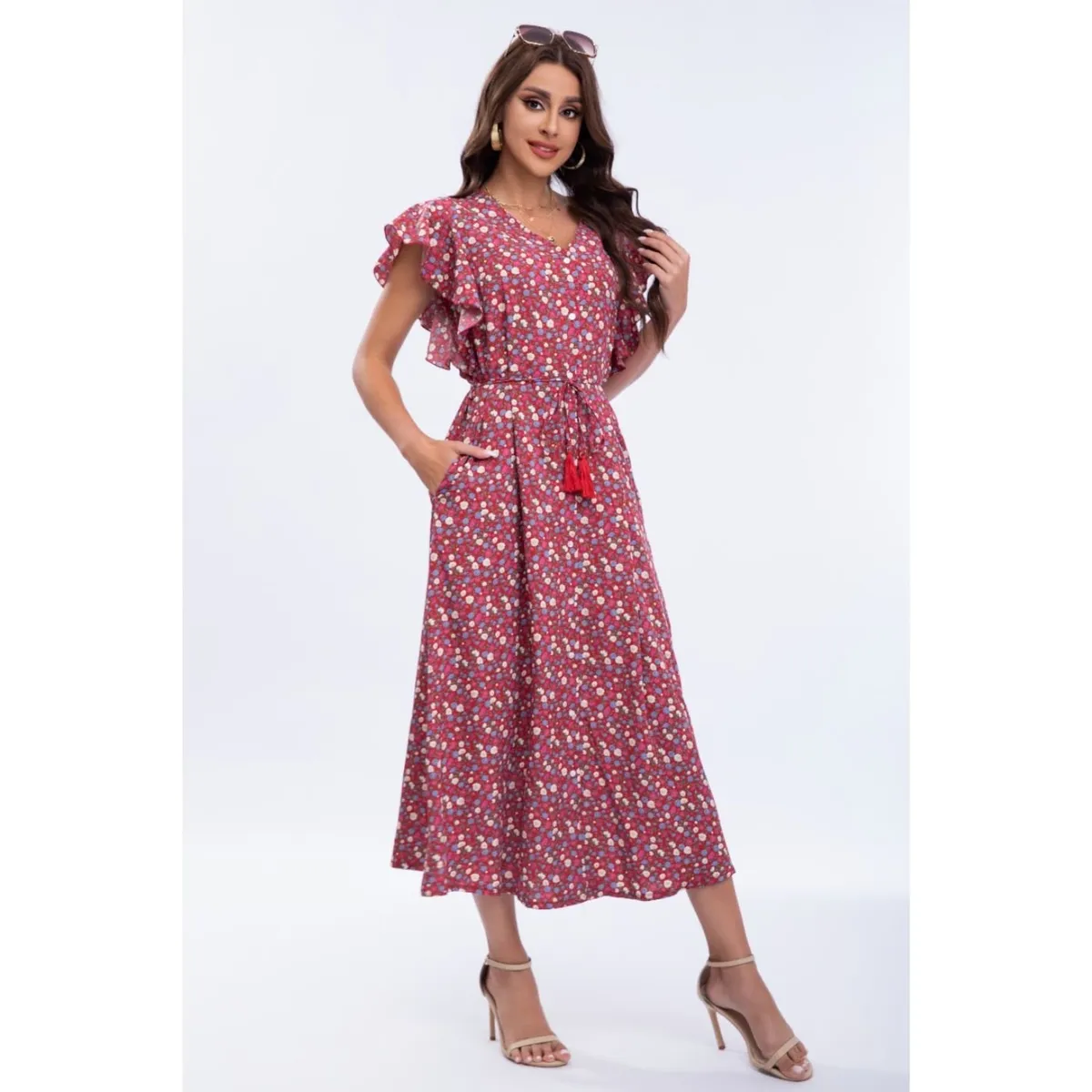 LIKE SHOP - Vestido Largo Primavera Mujer Manga Corta Cuello V Calidad 271