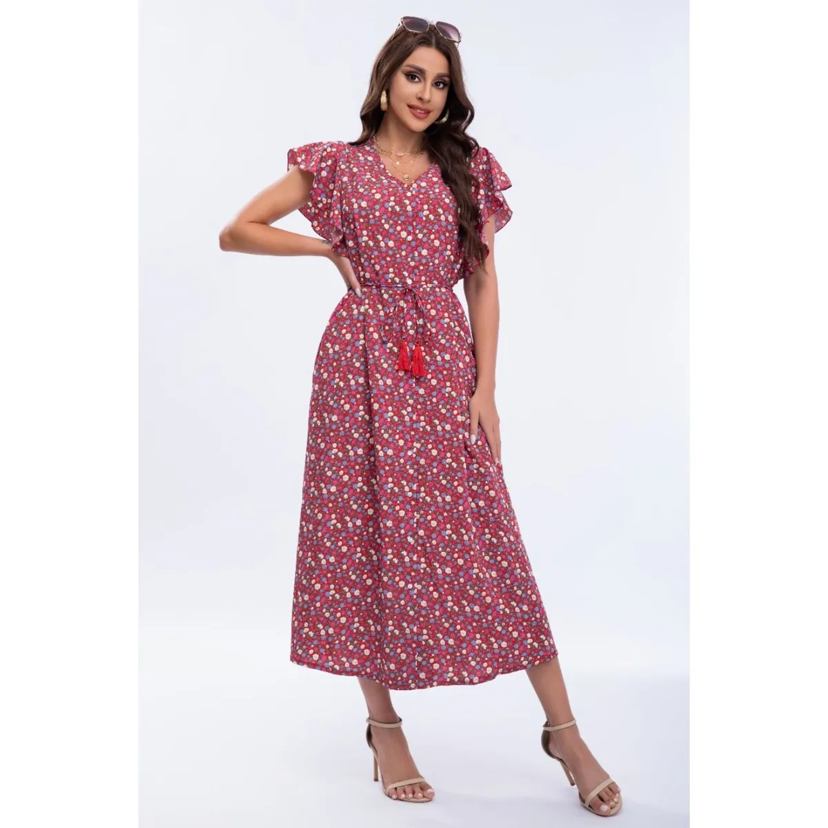 LIKE SHOP - Vestido Largo Primavera Mujer Manga Corta Cuello V Calidad 271