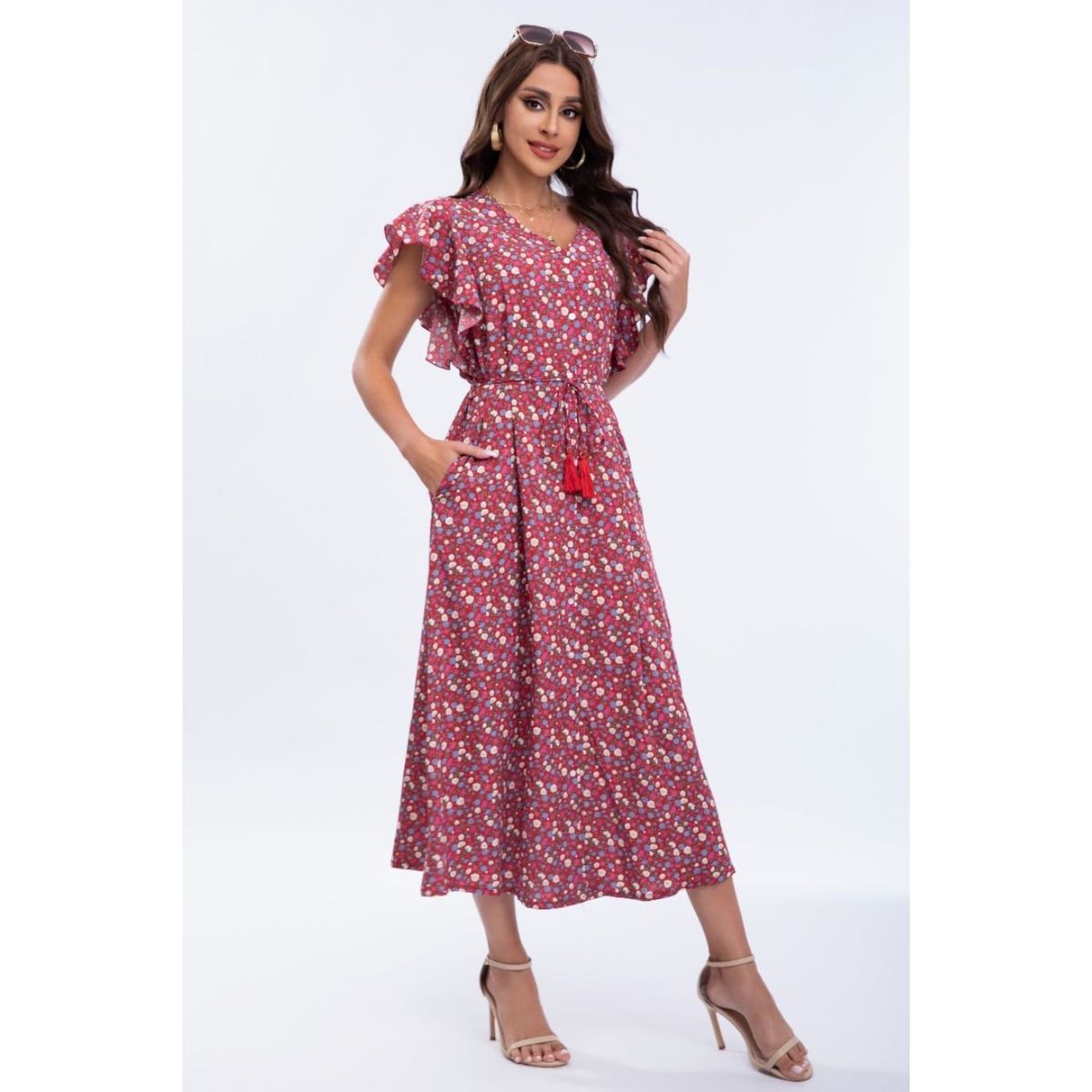 LIKE SHOP - Vestido Largo Primavera Mujer Manga Corta Cuello V Calidad 271