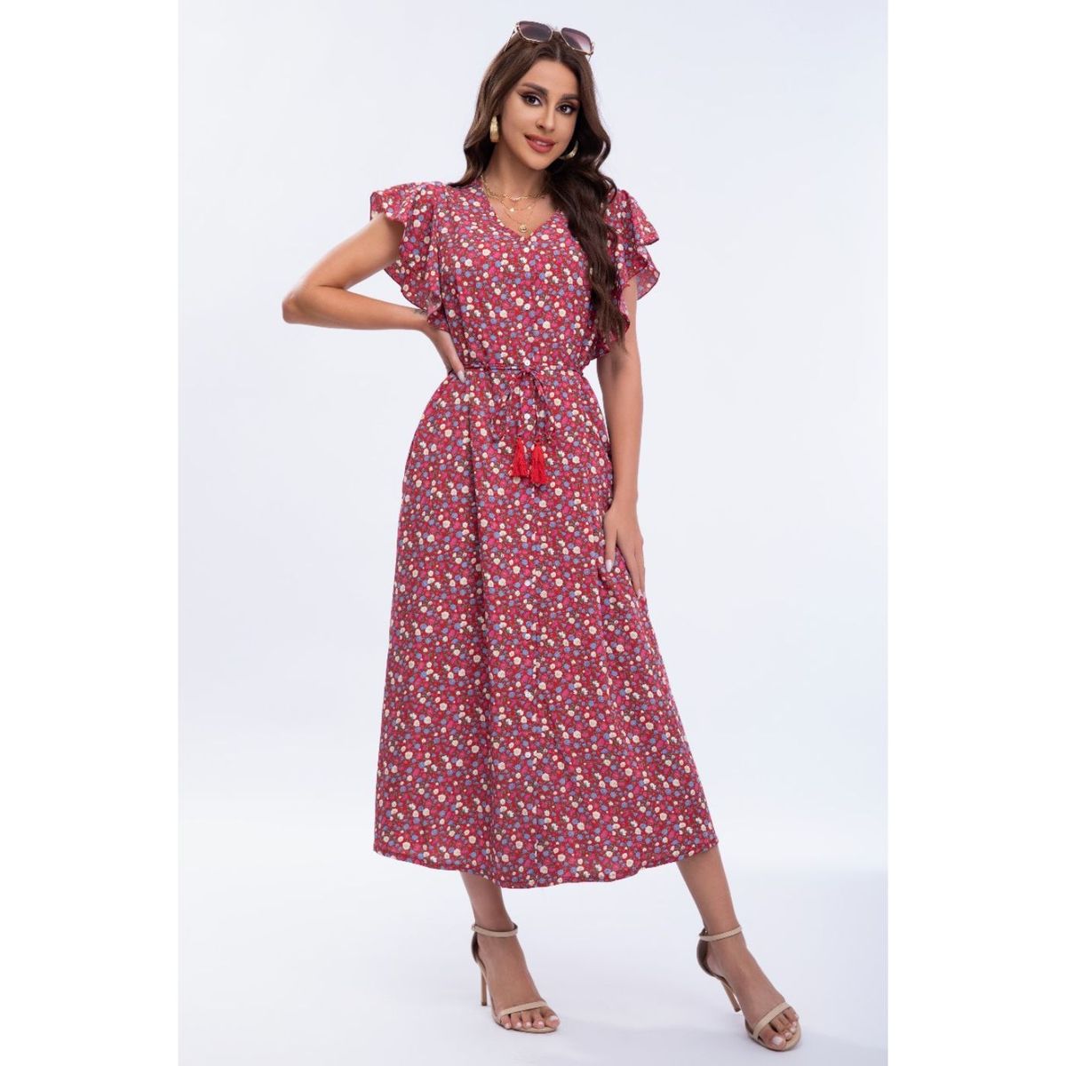 LIKE SHOP - Vestido Largo Primavera Mujer Manga Corta Cuello V Calidad 271