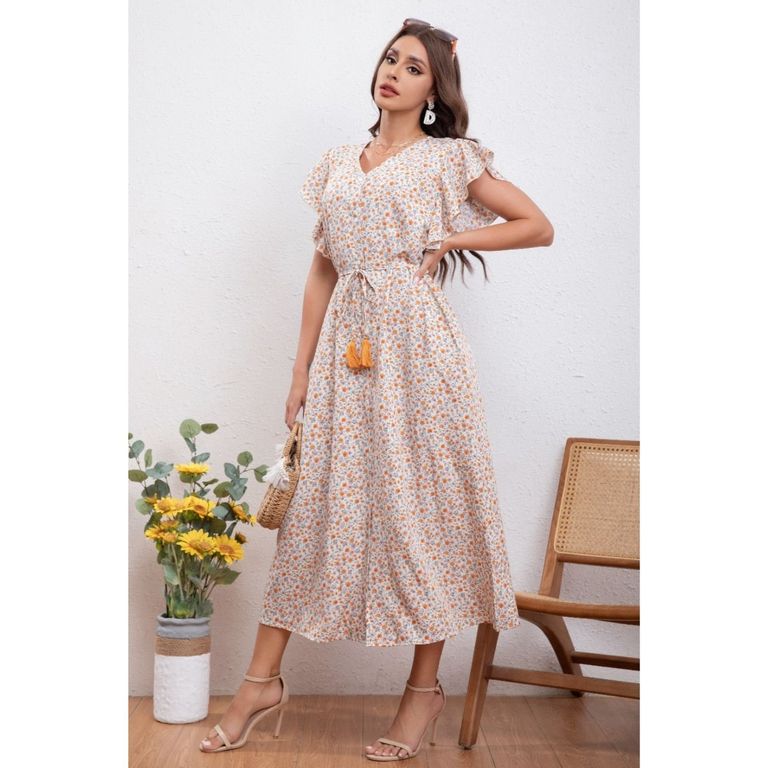 Vestido Cuello V, Manga Olán, Corto