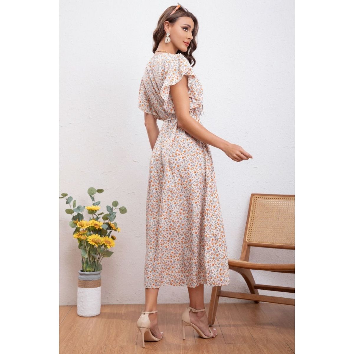 LIKE SHOP - Vestido Largo Primavera Mujer Manga Corta Cuello V Calidad 271