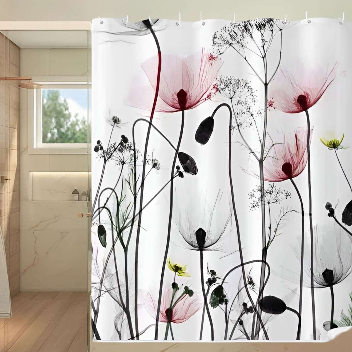 GENERICO - CORTINA DE BAÑO IMPERMEABLE MÁS FORRO DE DUCHA DISEÑO FLORES 180x180 cm
