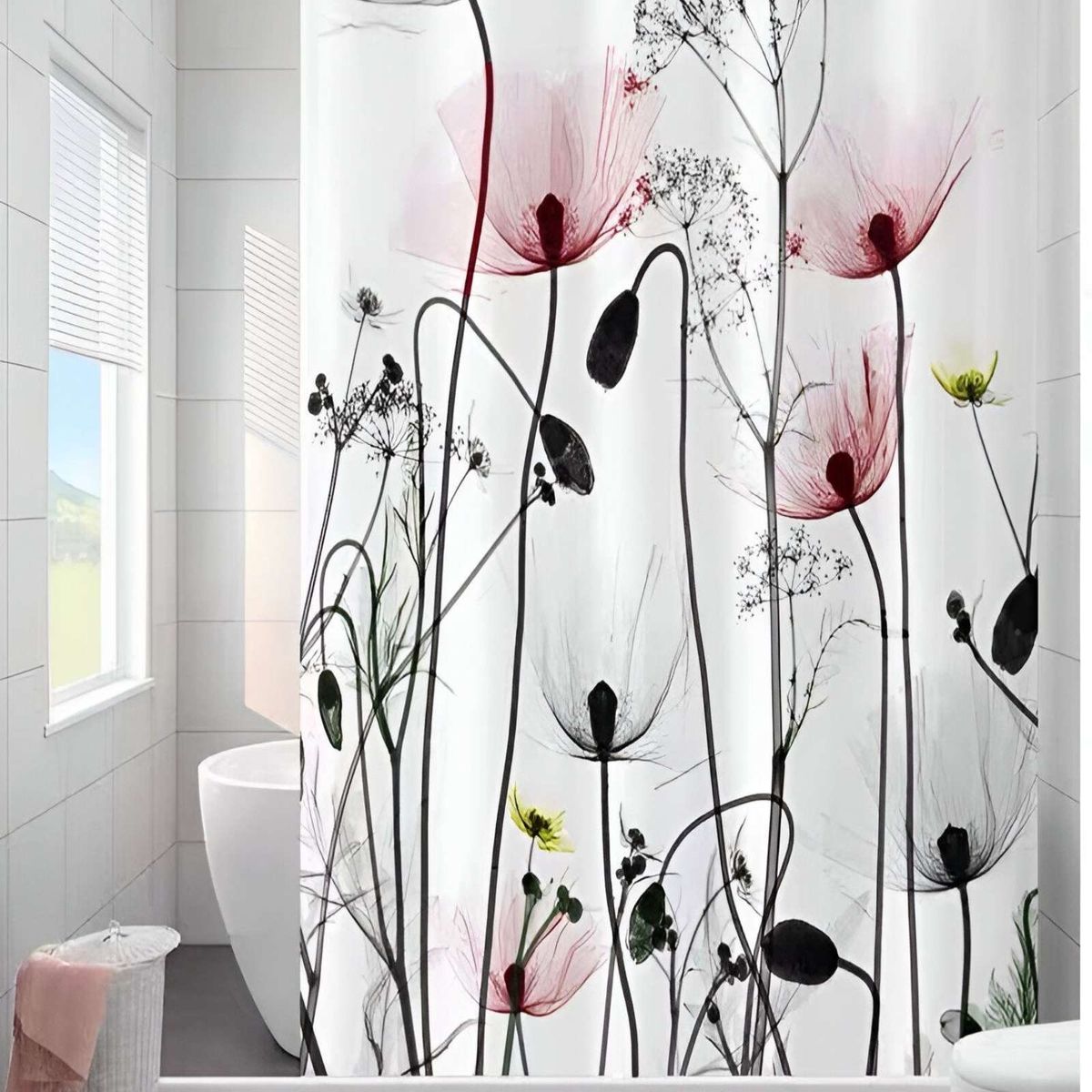 GENERICO - CORTINA DE BAÑO IMPERMEABLE MÁS FORRO DE DUCHA DISEÑO FLORES 180x180 cm