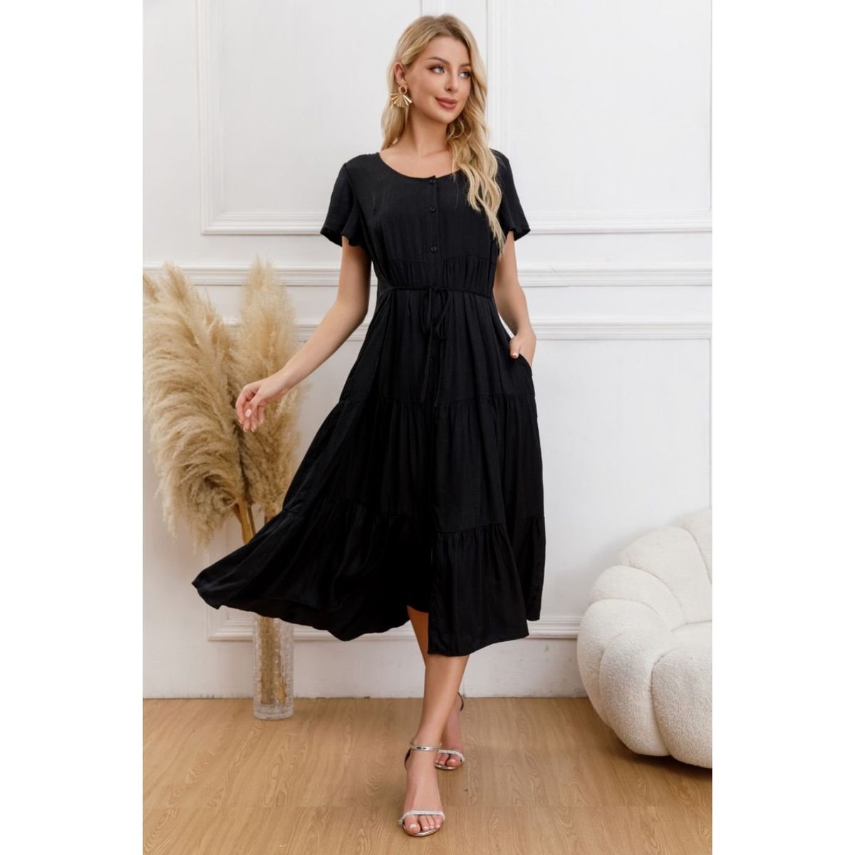 LIKE SHOP - Vestido Largo Mujer Primavera Casual Manga Corta Escalonado 329