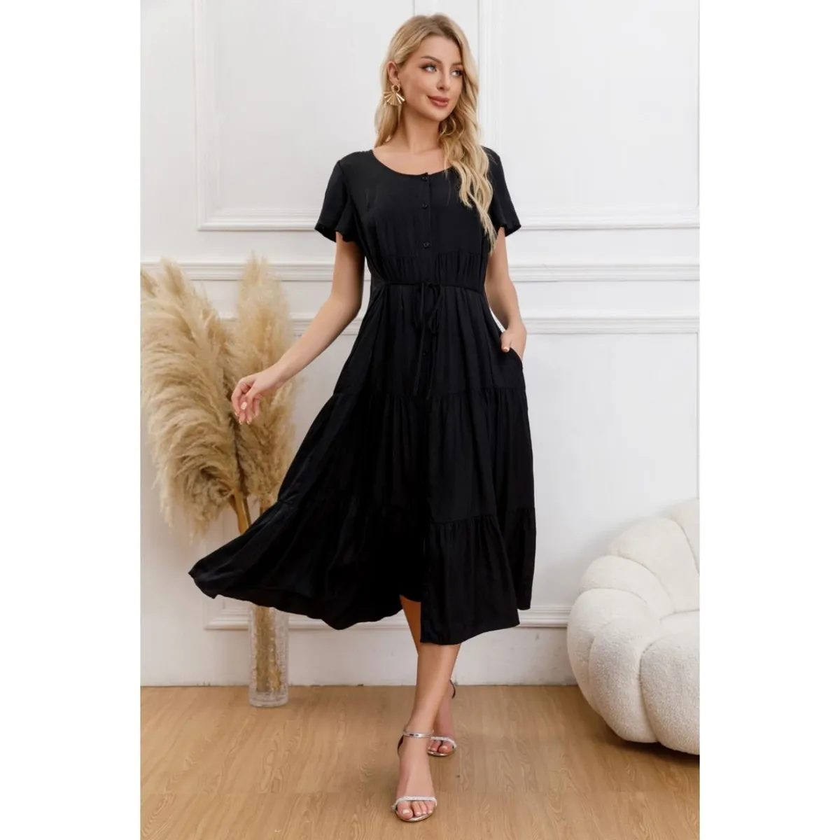 LIKE SHOP - Vestido Largo Mujer Primavera Casual Manga Corta Escalonado 329