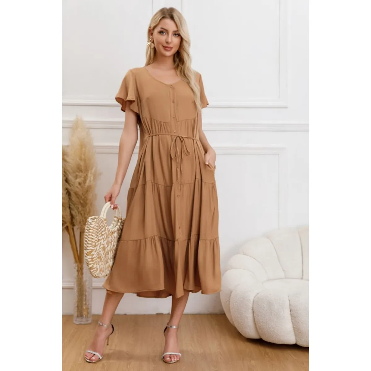 LIKE SHOP - Vestido Largo Mujer Primavera Casual Manga Corta Escalonado 329