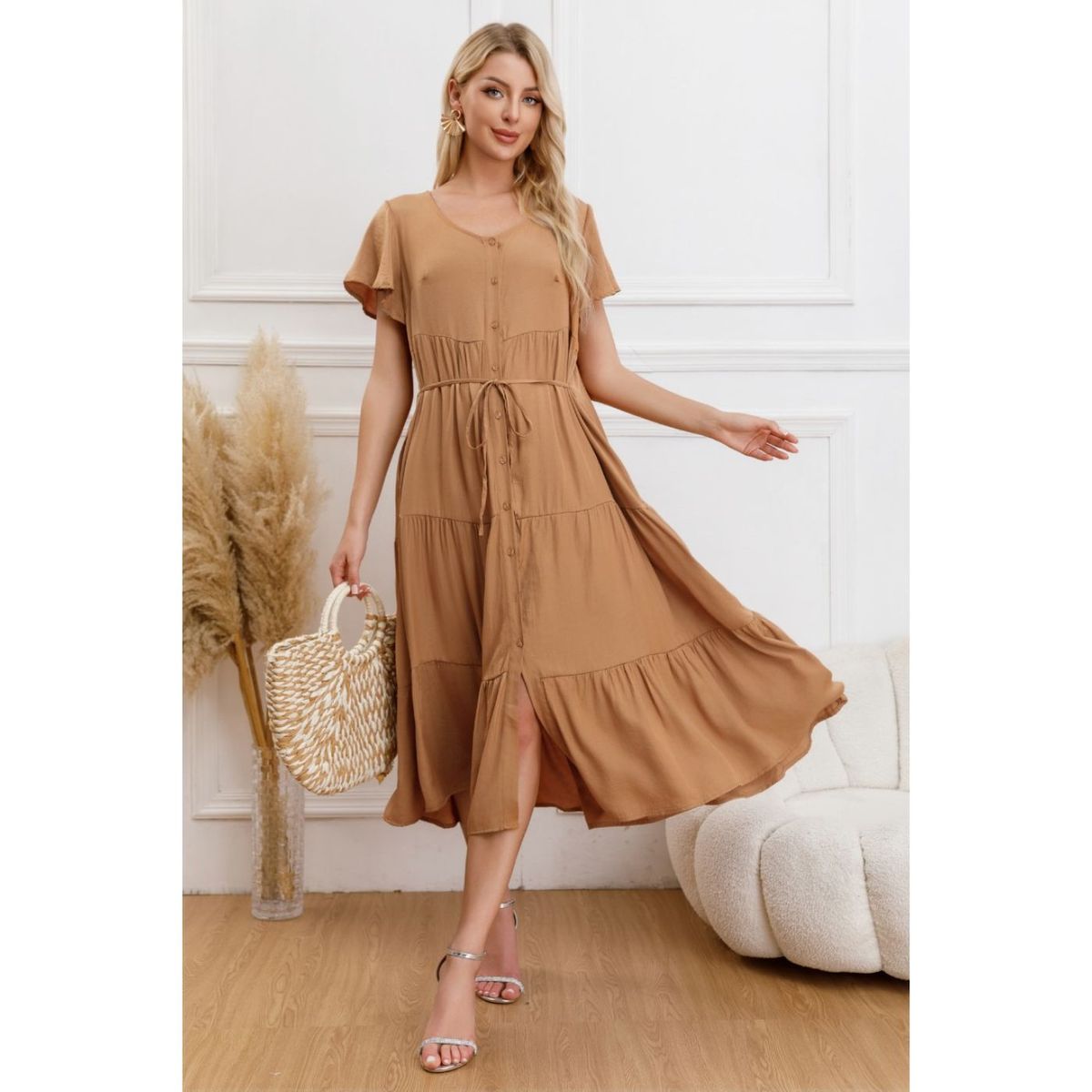 LIKE SHOP - Vestido Largo Mujer Primavera Casual Manga Corta Escalonado 329