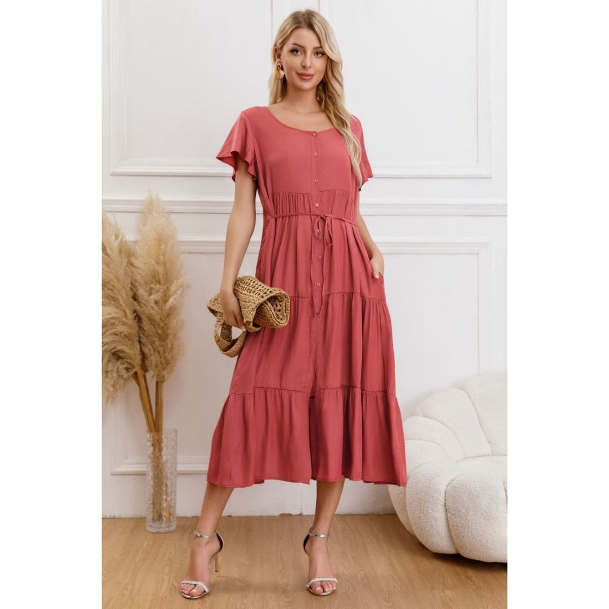 LIKE SHOP - Vestido Largo Mujer Primavera Casual Manga Corta Escalonado 329