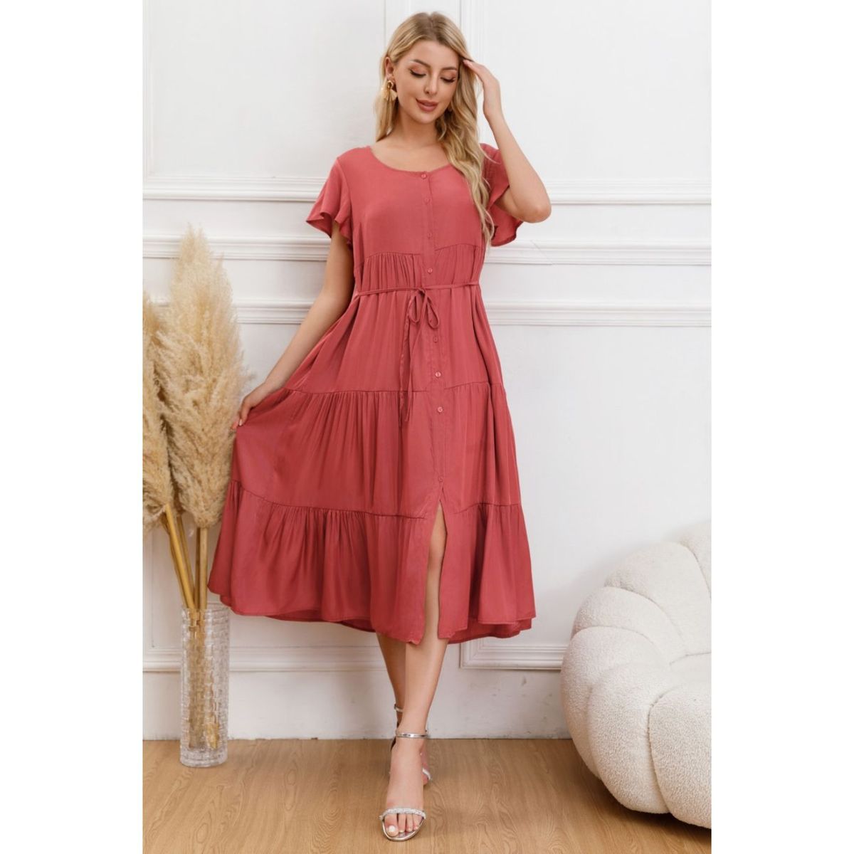 LIKE SHOP - Vestido Largo Mujer Primavera Casual Manga Corta Escalonado 329
