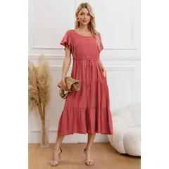 LIKE SHOP - Vestido Largo Mujer Primavera Casual Manga Corta Escalonado 329