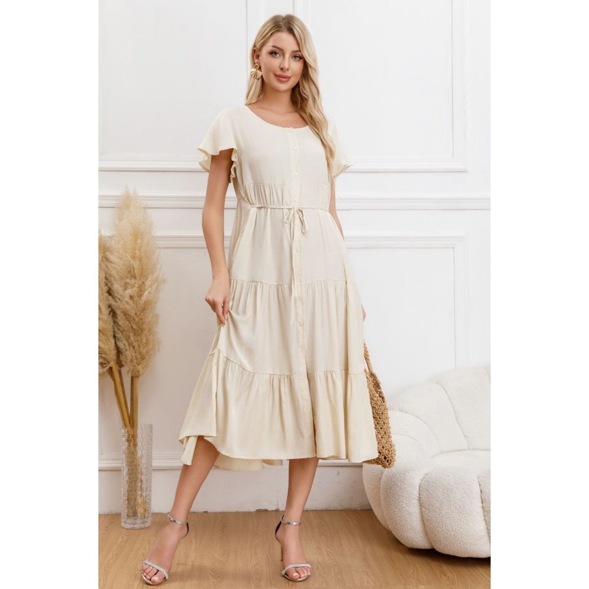 LIKE SHOP - Vestido Largo Mujer Primavera Casual Manga Corta Escalonado 329