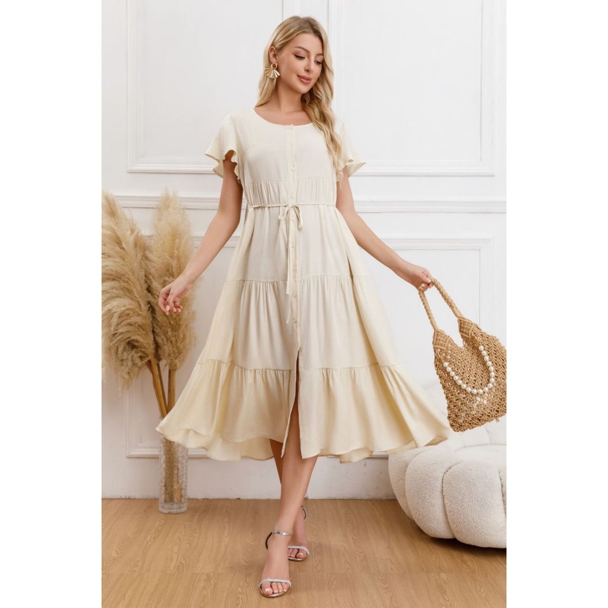 LIKE SHOP - Vestido Largo Mujer Primavera Casual Manga Corta Escalonado 329