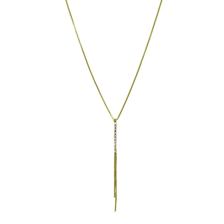 Collar Corbatero Barra Circon Blanco Colgante Enchapado Oro 18K Dorado TALLA UNICA
