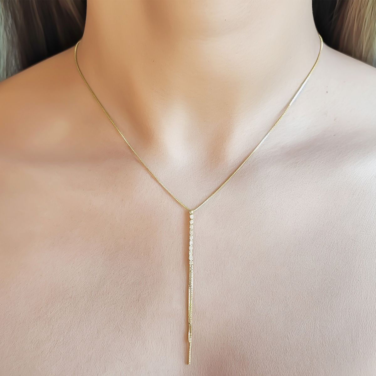 COGGIOLA - Collar Corbatero Barra Circón Blanco Colgante Enchapado Oro 18K