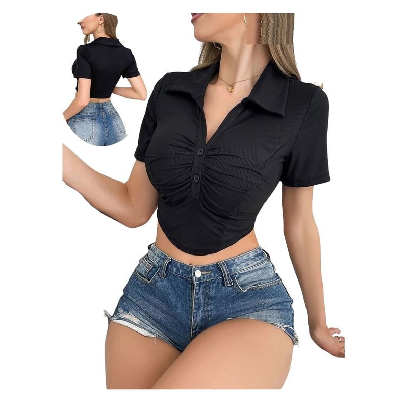 GARSIL - Crop Top Tipo Cuello Pollo - Pique - V Para Mujer Con Botones