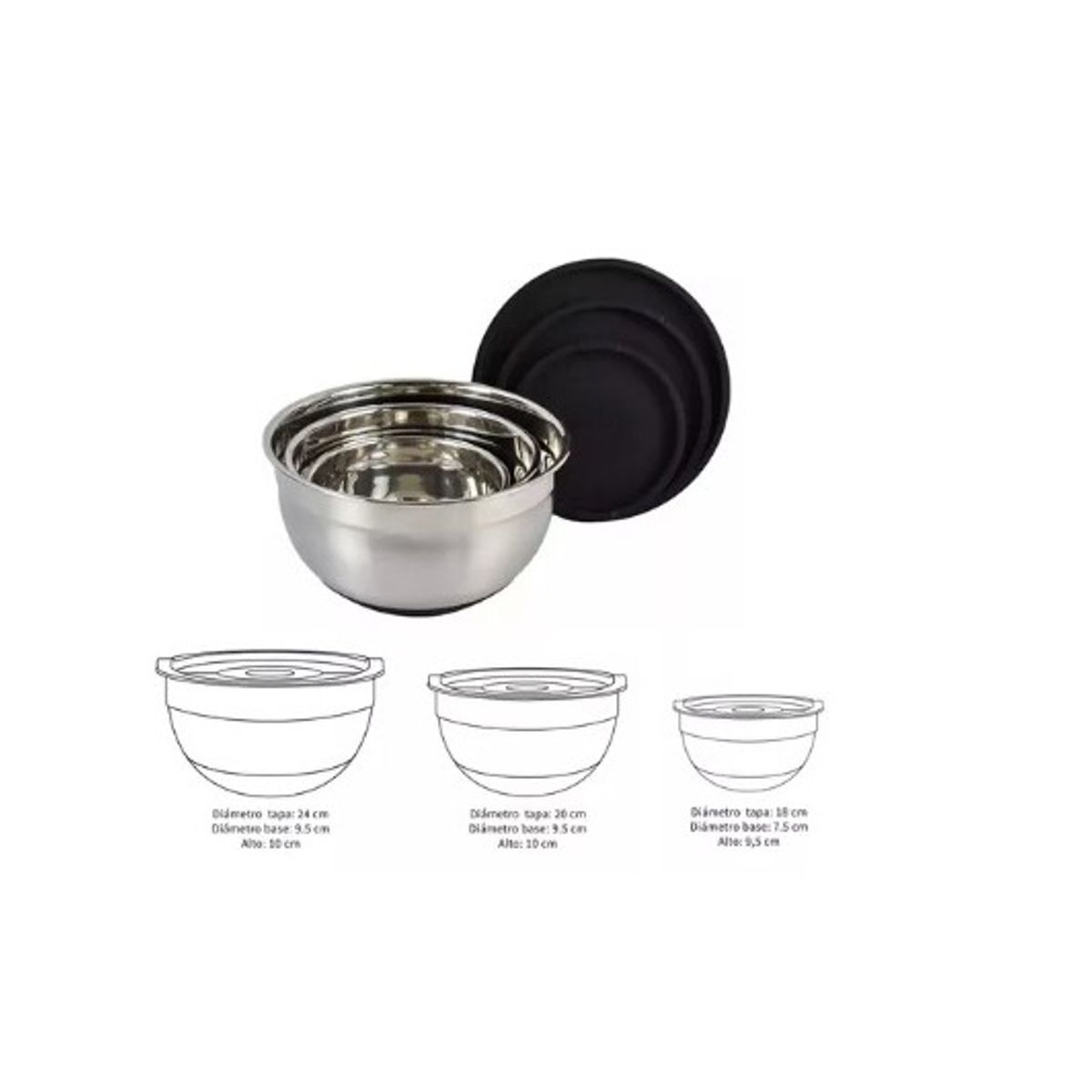 GENERICO - Set 3 Bowls Con Tapa Acero Inoxidable Color Blanco