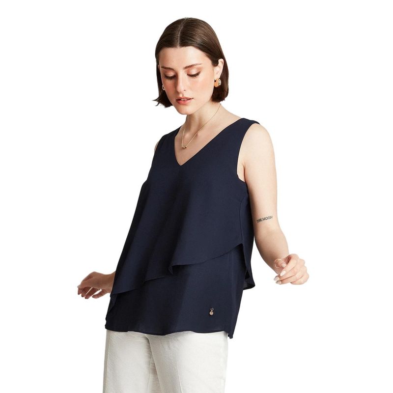 LORENZO DI PONTTI - Blusa Azul Sin Manga Cuello V_.