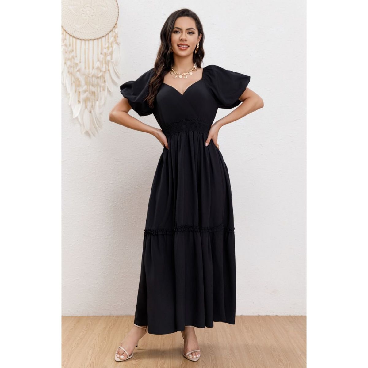 LIKE SHOP - Vestido Largo Acampanado Mujer Manga Corta Cuello V 346