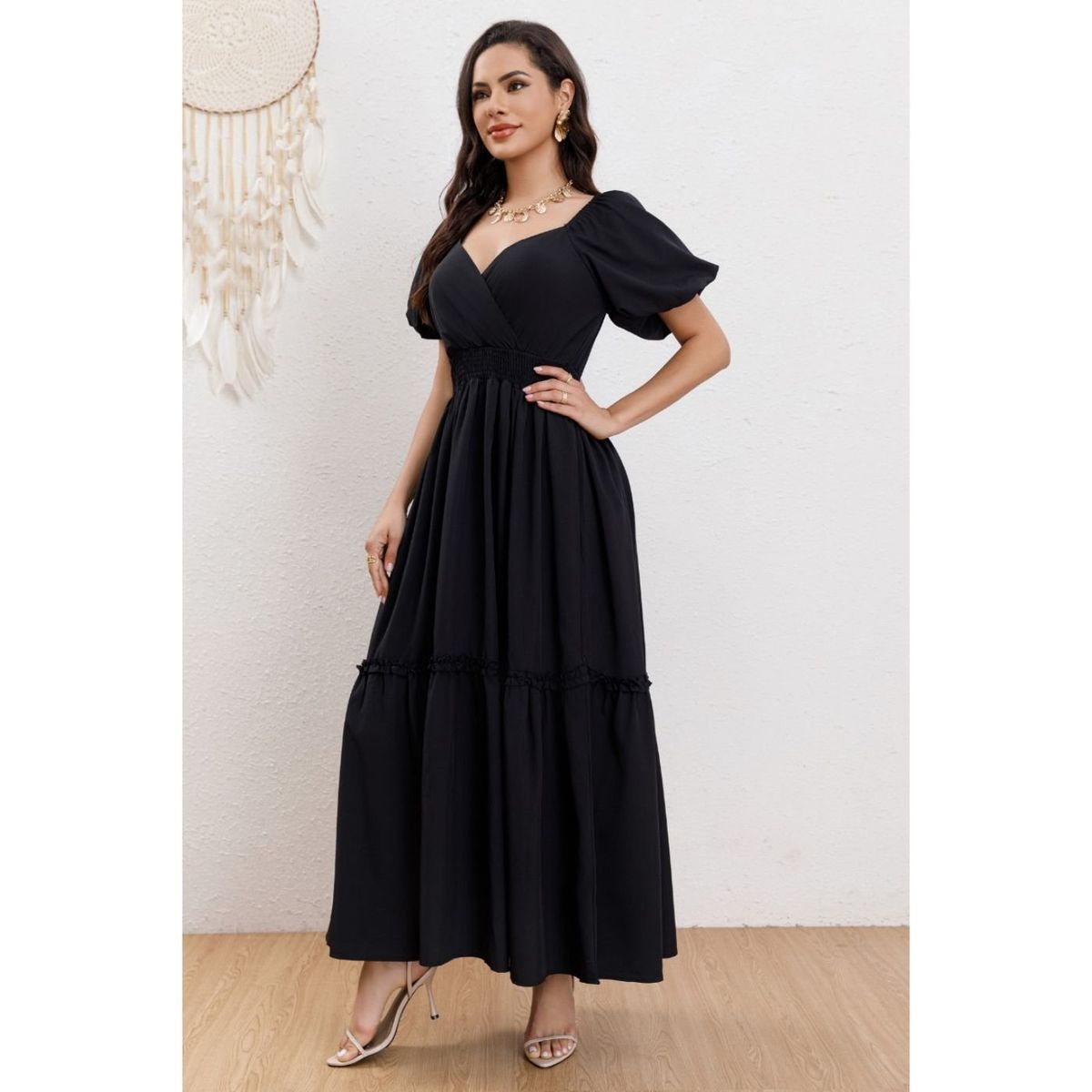 LIKE SHOP - Vestido Largo Acampanado Mujer Manga Corta Cuello V 346