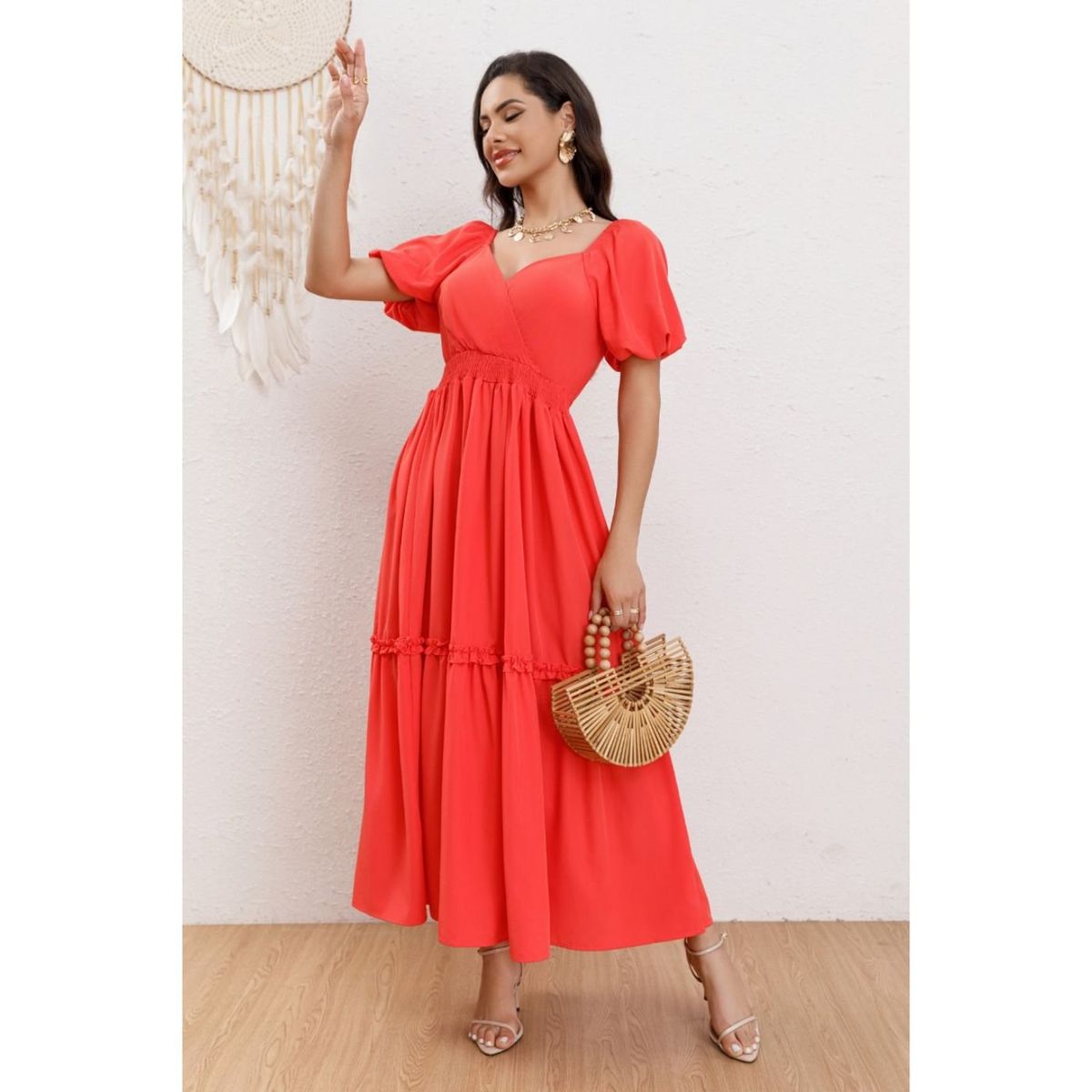 LIKE SHOP - Vestido Largo Acampanado Mujer Manga Corta Cuello V 346