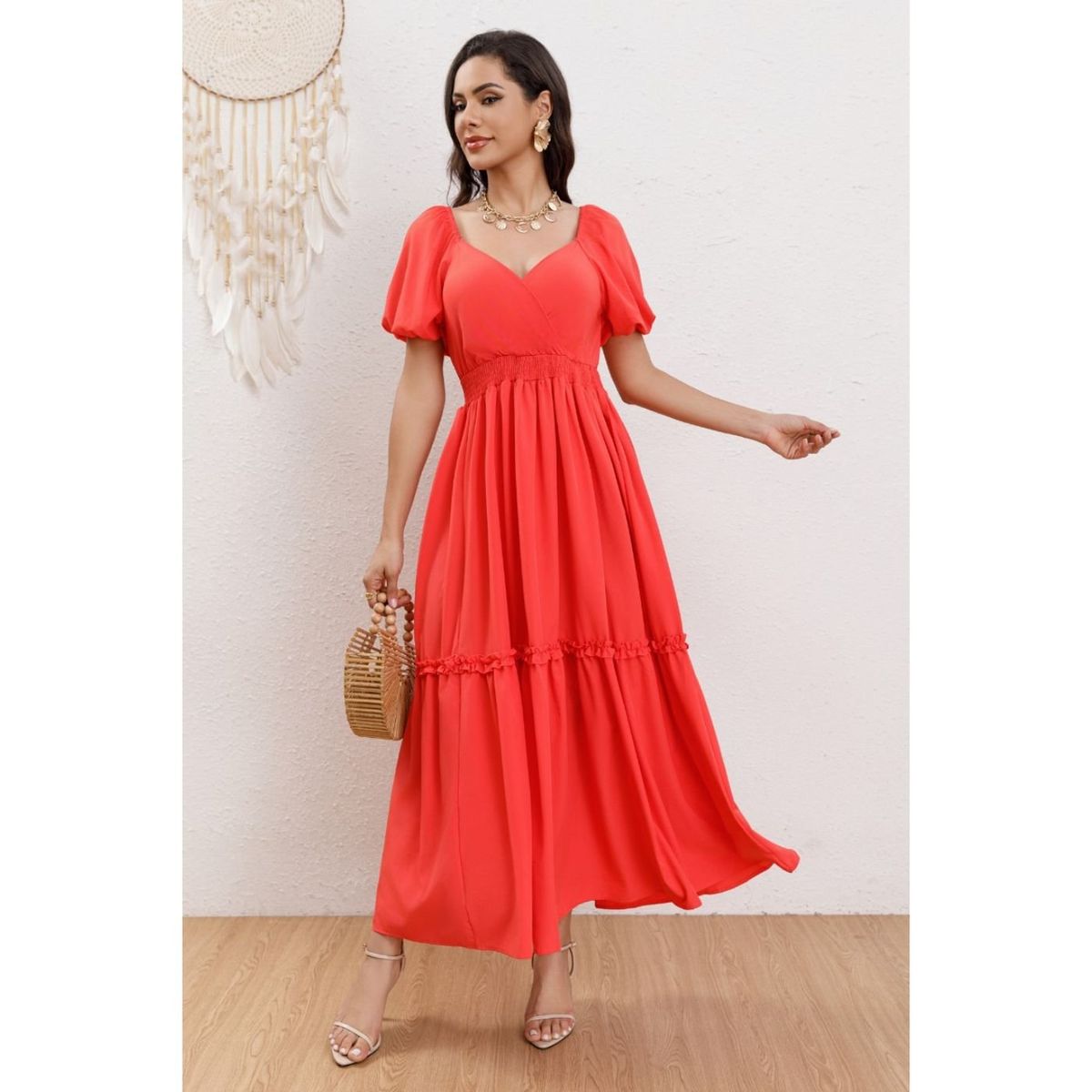 LIKE SHOP - Vestido Largo Acampanado Mujer Manga Corta Cuello V 346