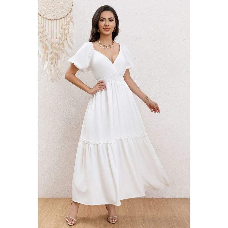MPROPIA - Vestido Largo Acampanado Mujer Manga Corta Cuello V 346