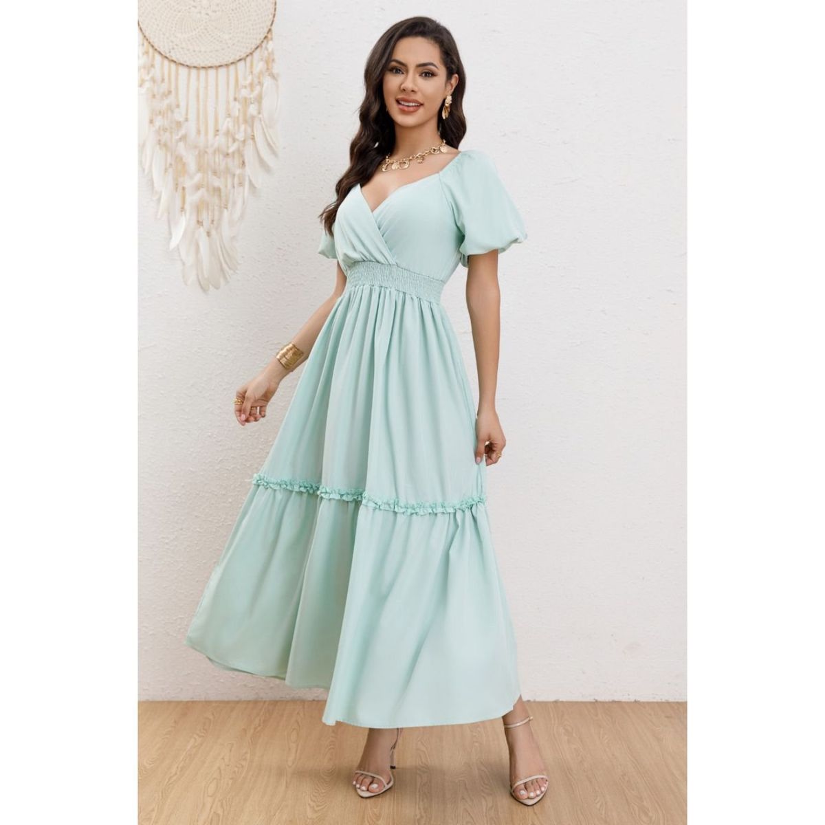 LIKE SHOP - Vestido Largo Acampanado Mujer Manga Corta Cuello V 346