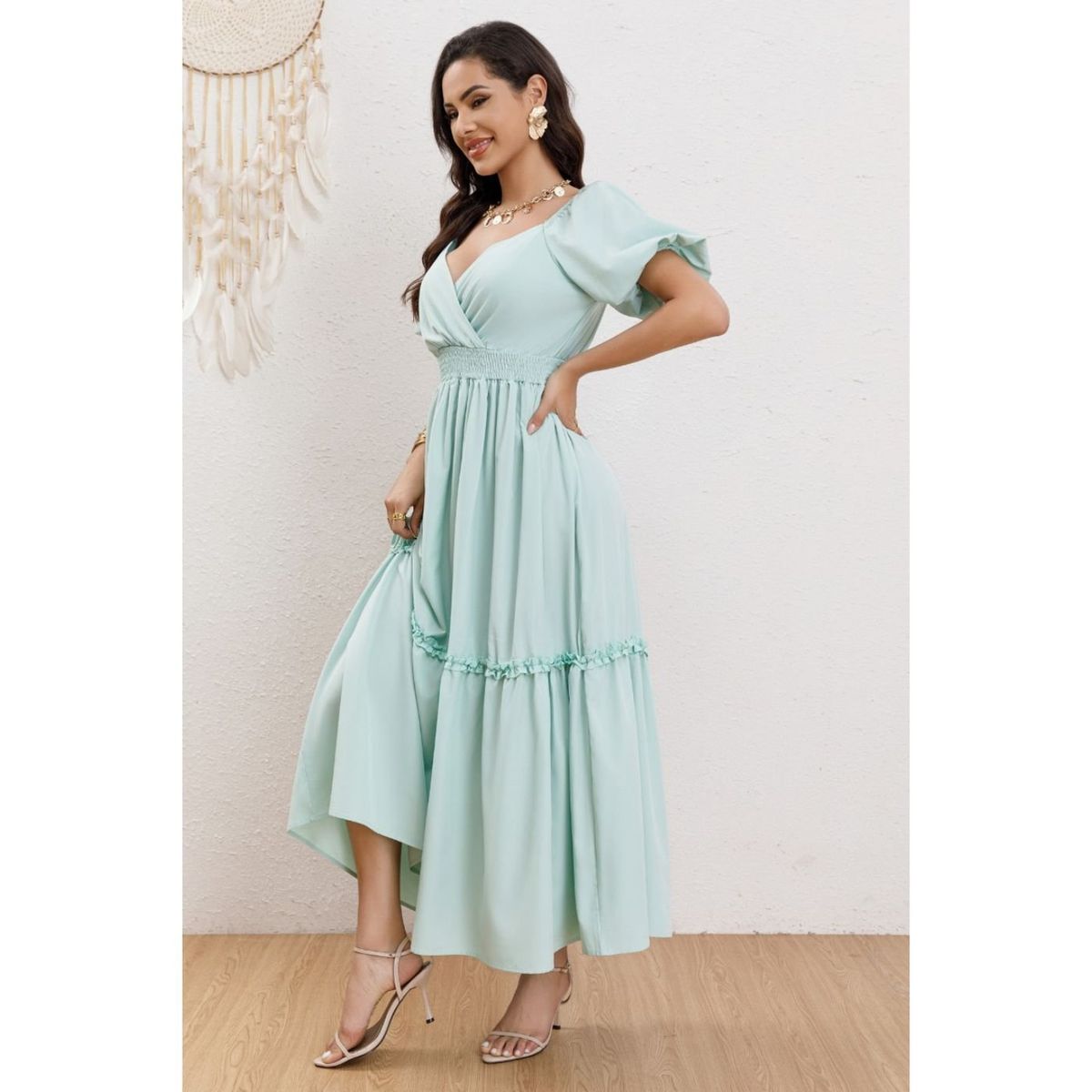 LIKE SHOP - Vestido Largo Acampanado Mujer Manga Corta Cuello V 346