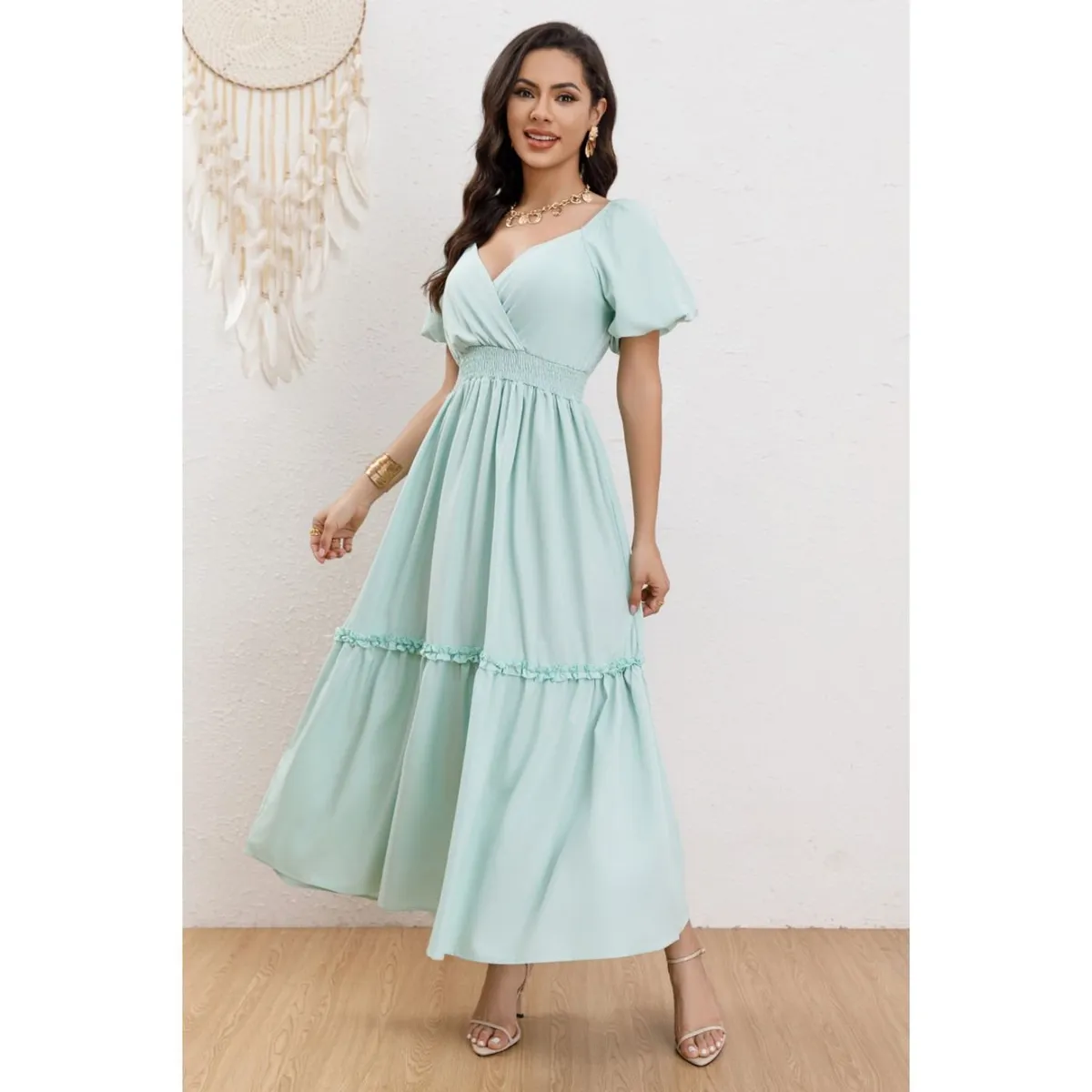 LIKE SHOP - Vestido Largo Acampanado Mujer Manga Corta Cuello V 346