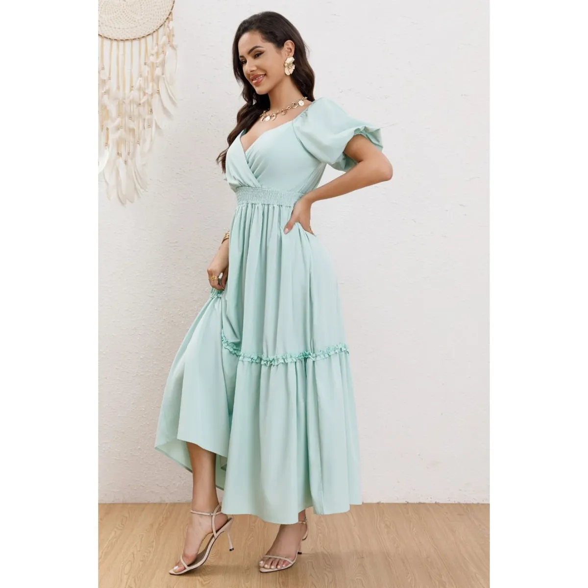 LIKE SHOP - Vestido Largo Acampanado Mujer Manga Corta Cuello V 346