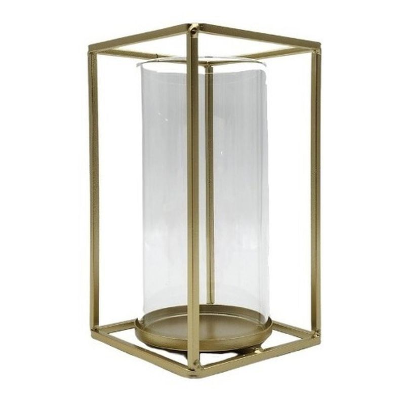 GENERICO - Candelabro Porta Vela Cubo Metálico Dorado Con Vidrio