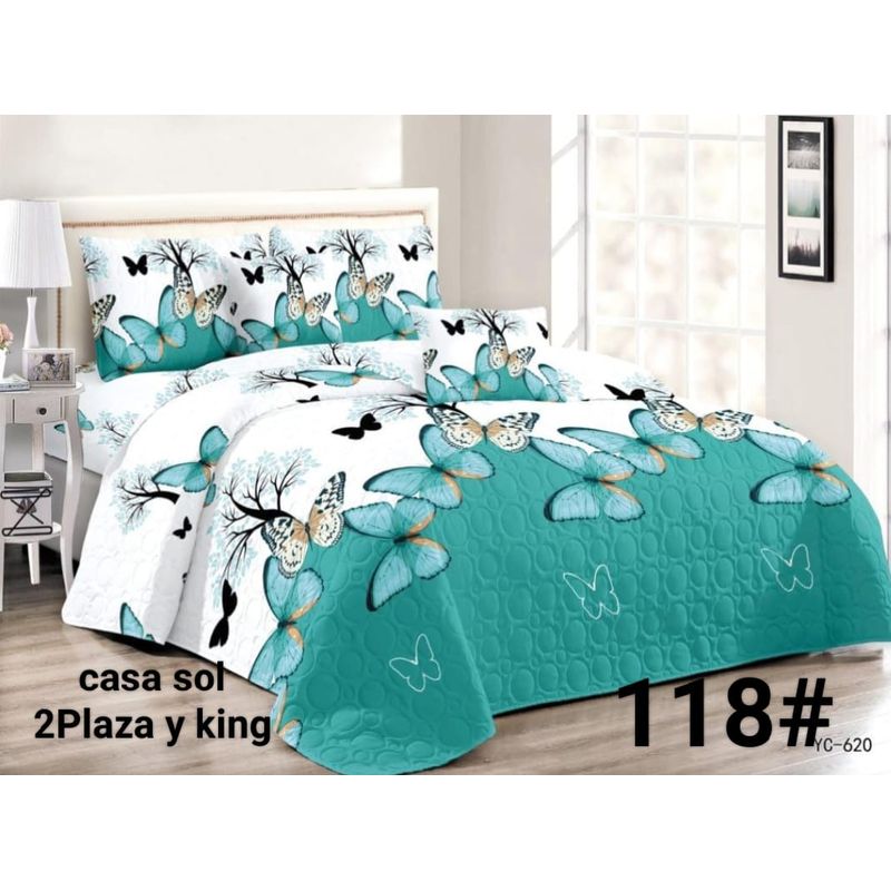 ANGELES DEL HOGAR - Cubrecama Quilt Verano 2 Plazas Mariposas Turquesa Mod 118