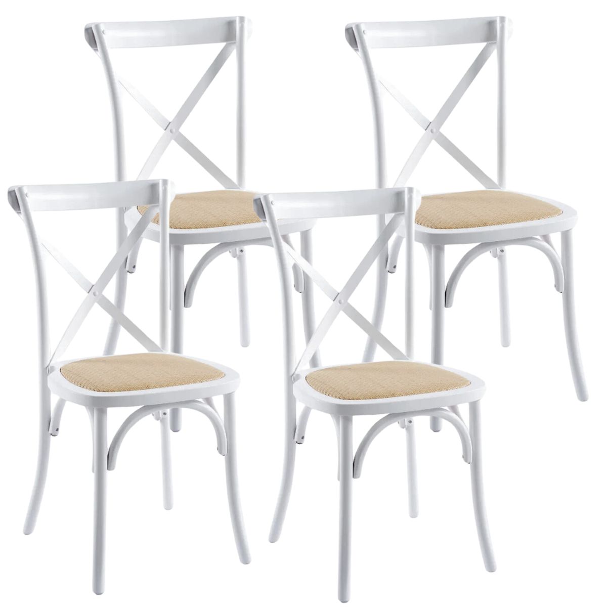 PANDALINO - Pack 4 Silla Crossback Blanca - Madera Ratán - Diseño Clásico