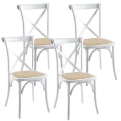 PANDALINO - Pack 4 Silla Crossback Blanca - Madera Ratán - Diseño Clásico