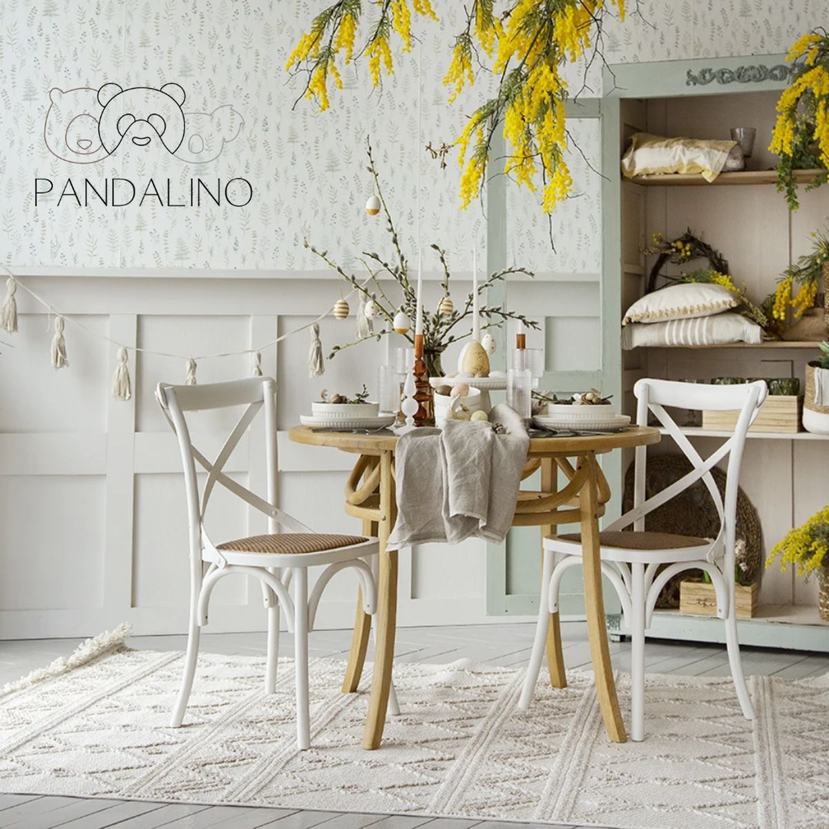 PANDALINO - Pack 4 Silla Crossback Blanca - Madera Ratán - Diseño Clásico