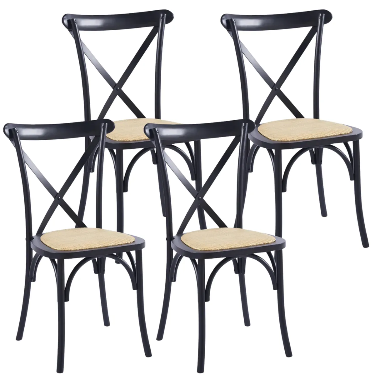 PANDALINO - Pack 4 Silla Crossback Negra - Madera Ratán - Diseño Clásico