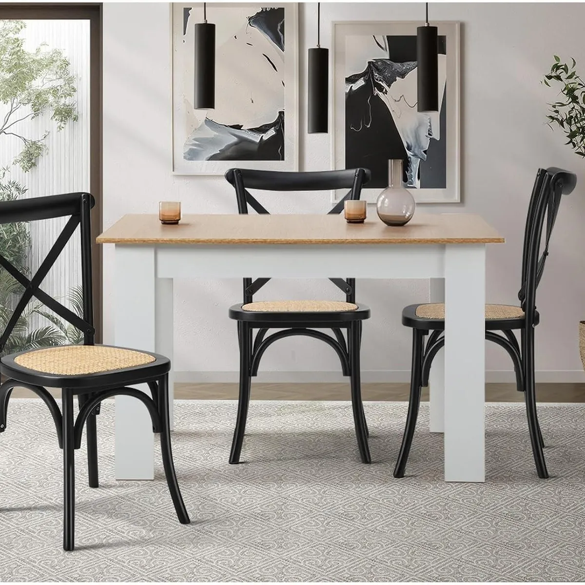 PANDALINO - Pack 4 Silla Crossback Negra - Madera Ratán - Diseño Clásico