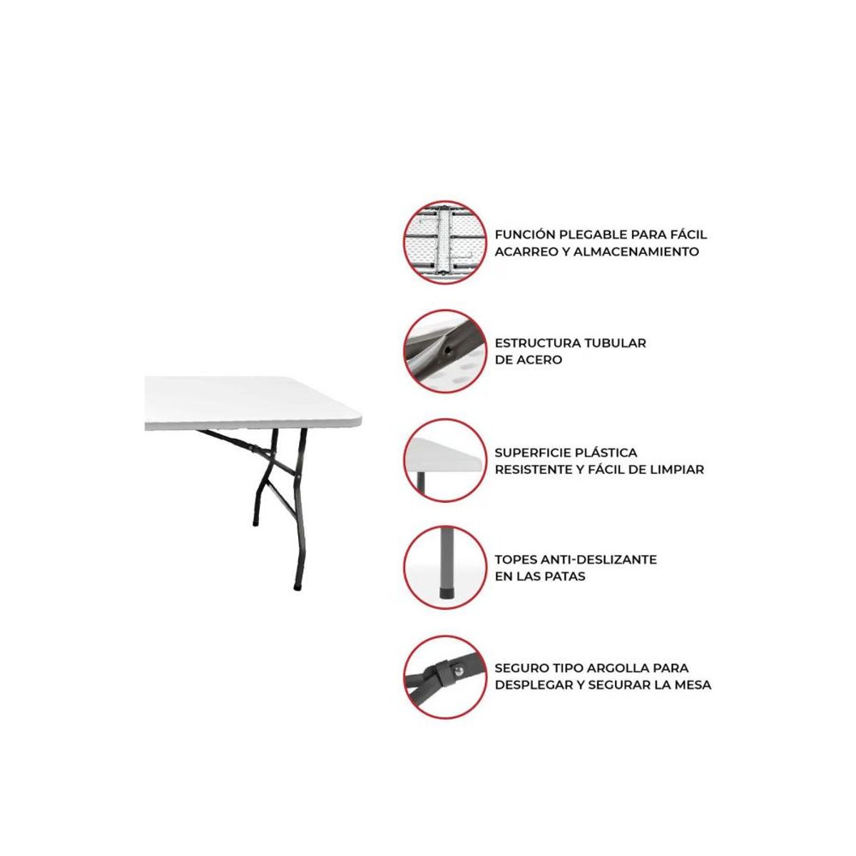 AK SPORT - Mesa Plegable Blanca Transportable Lavable 180 Cm