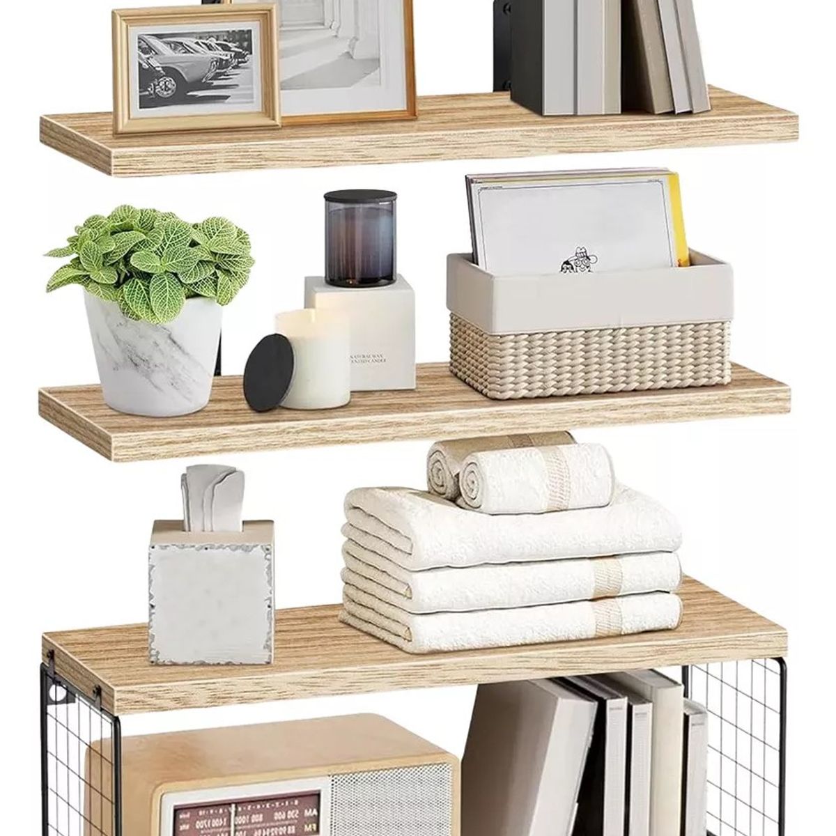 KUANGYE - Repisas Flotantes De Madera Modernas X3 Con Reja 100% Pino
