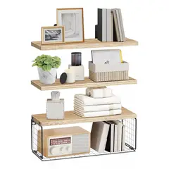KUANGYE - Repisas Flotantes De Madera Modernas X3 Con Reja 100% Pino